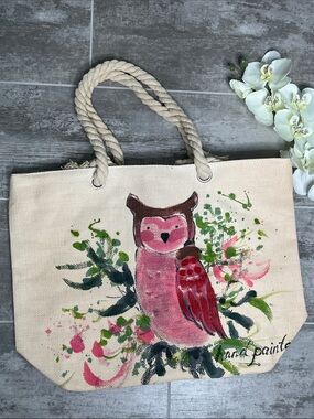 Hand-Painted Owl Canvas Tote Bag in Cream and Pink